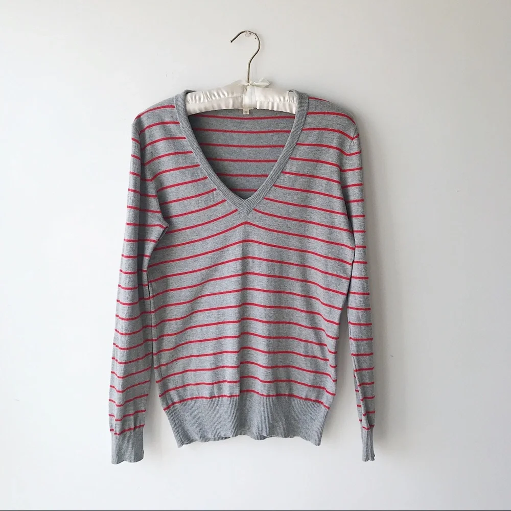 J. Crew Factory grey and orange striped vneck sweater Sz M_2